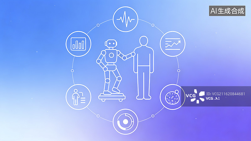 【AI数字艺术】机器人技术与人类及医疗图标连接图片素材