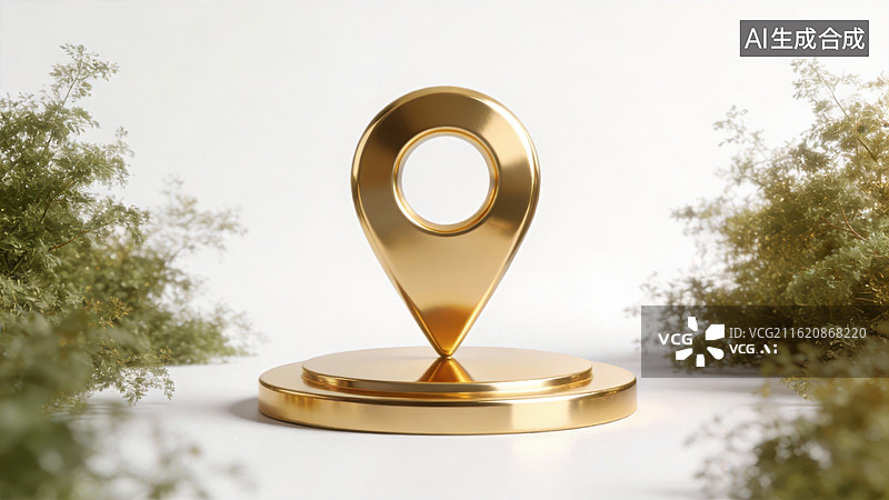 【AI数字艺术】金色定位图标置于圆形底座图片素材