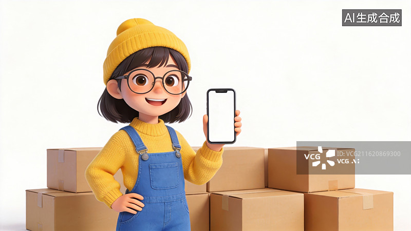 【AI数字艺术】卡通女孩手持手机展示图片素材