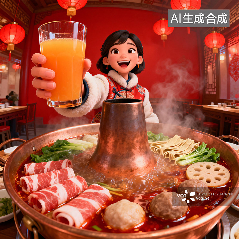 【AI数字艺术】3d卡通春节火锅举杯欢庆中国年图片素材