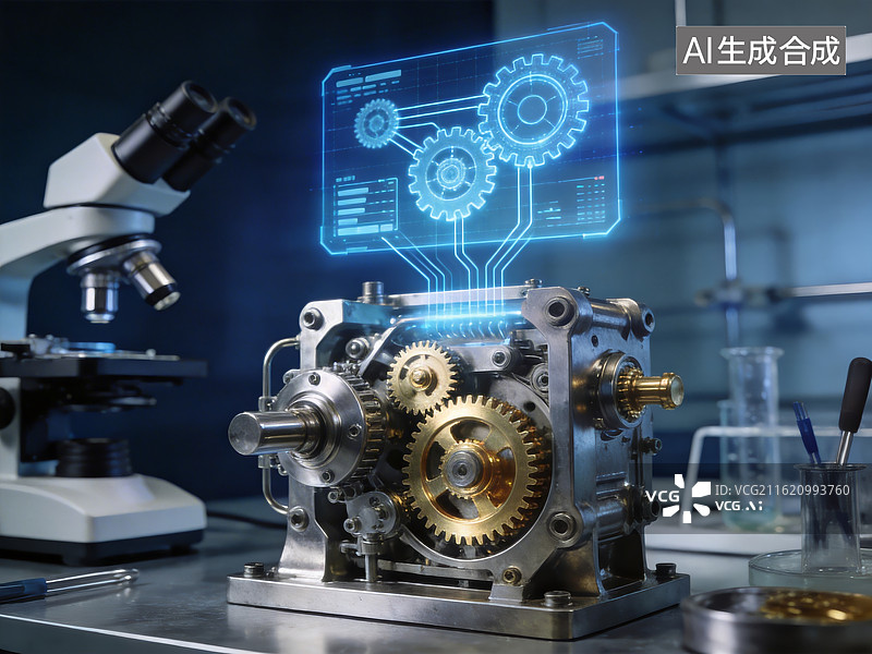【AI数字艺术】机械装置与虚拟齿轮投影图片素材