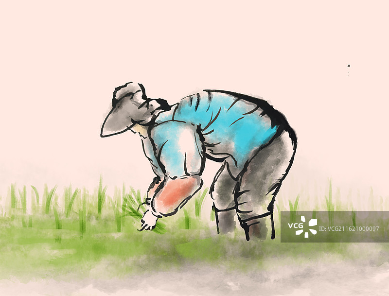 春耕春种农民妇女插秧劳作水彩画图片素材