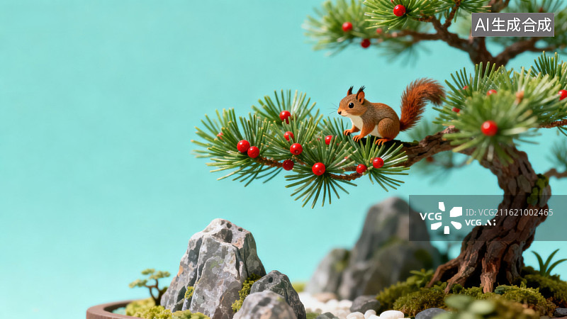 【AI数字艺术】松树上的松鼠盆景图片素材