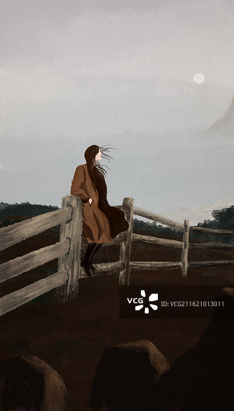 穿风衣的女孩坐在木栅栏上看远方图片素材