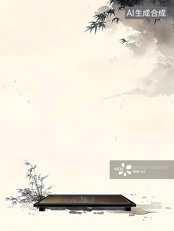 【AI数字艺术】国风淡墨竹台云雾雅致新年装饰画素材图片素材