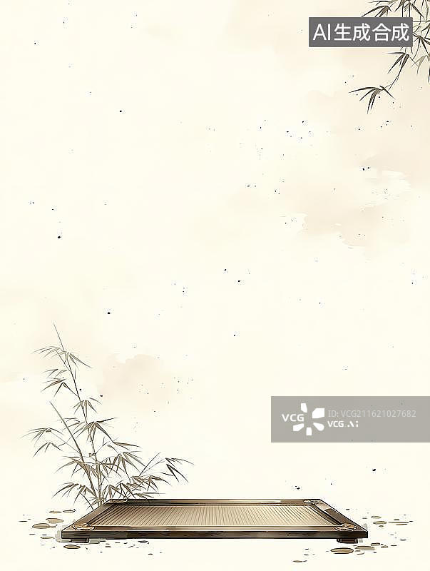 【AI数字艺术】国风淡墨竹台云雾雅致新年装饰画素材图片素材