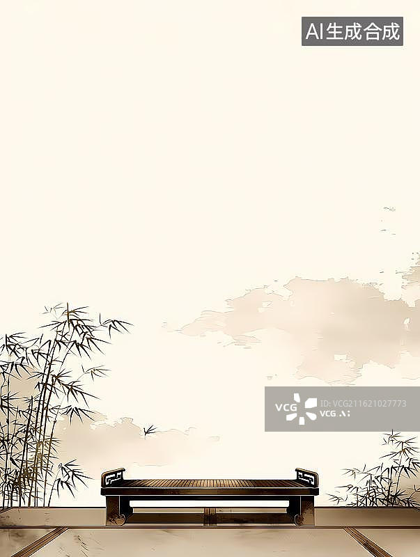 【AI数字艺术】国风淡墨竹台云雾雅致新年装饰画素材图片素材