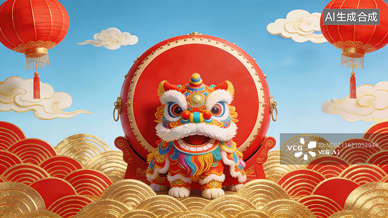 【AI数字艺术】舞狮与灯笼的节日场景图片素材