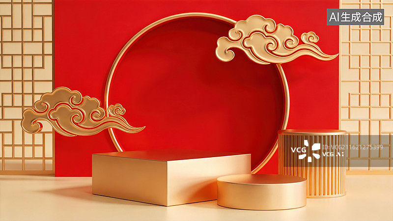 【AI数字艺术】金色云纹装饰的红色背景场景图片素材