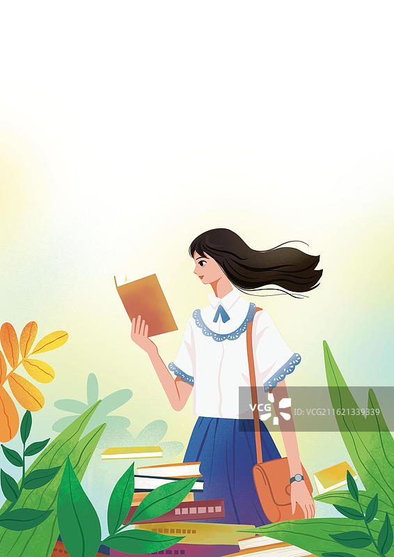 彩色插画分层图扁平风女生一只手拿书看看书学习校园知识求学充电大学生高中生高考图片素材