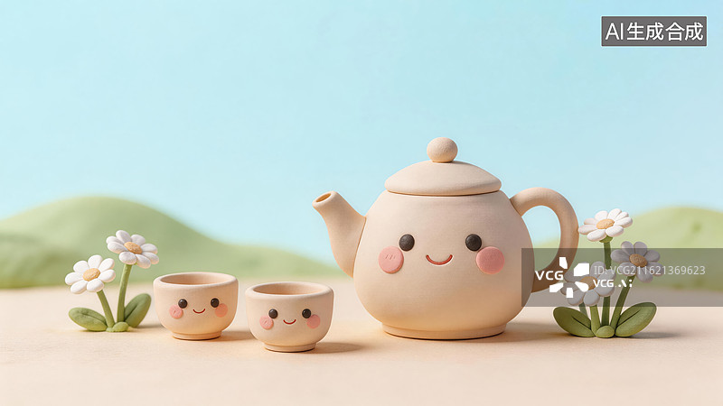 【AI数字艺术】可爱茶具与花朵摆件图片素材