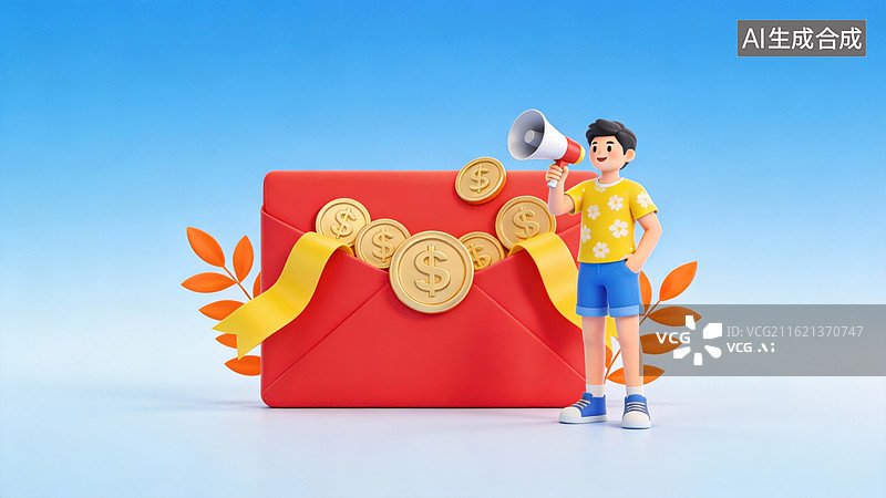【AI数字艺术】人物手持喇叭站在红包旁图片素材