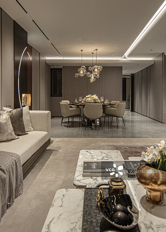 清新高雅简洁的样板间客厅和餐厅图片素材