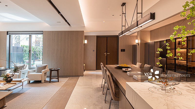 清新高雅简洁的样板间客厅和餐厅图片素材