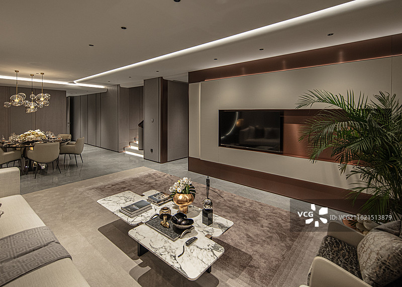 清新高雅简洁的样板间客厅和餐厅图片素材