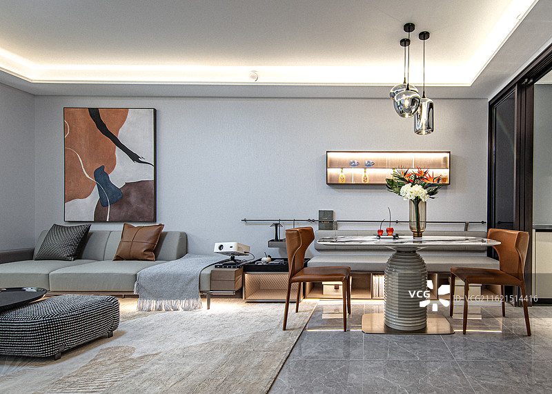 样板间客厅连接餐厅空间图片素材
