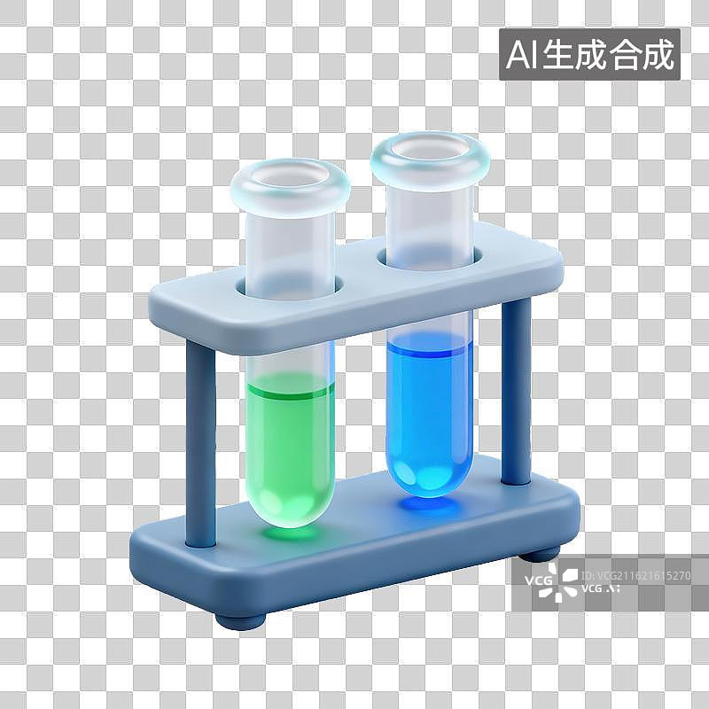 【AI数字艺术】3D磨砂玻璃材质教育主题化学课双孔试管架上放置两支试管滴管元素图片素材