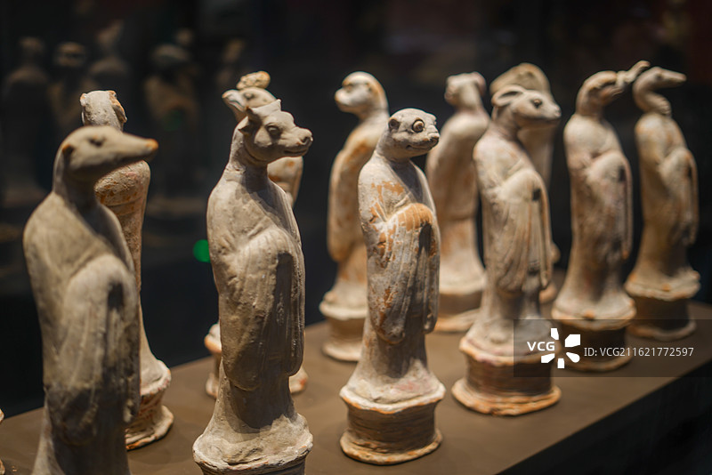 陶俑动物头像排列展示图片素材