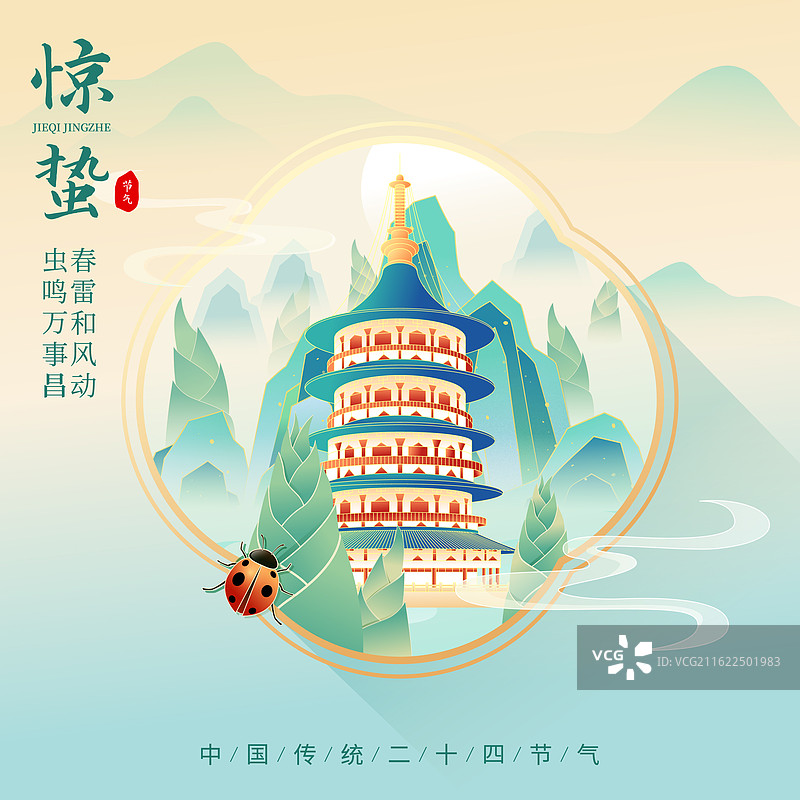 国风节气惊蛰洛阳城市建筑矢量插画海报图片素材