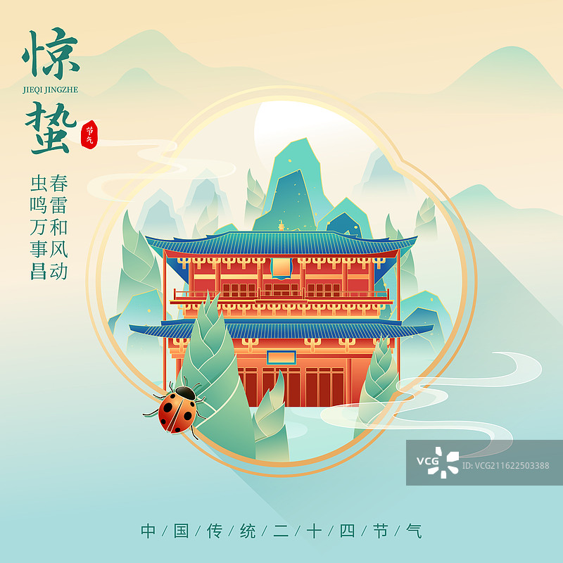 国风节气惊蛰天津城市建筑矢量插画海报图片素材