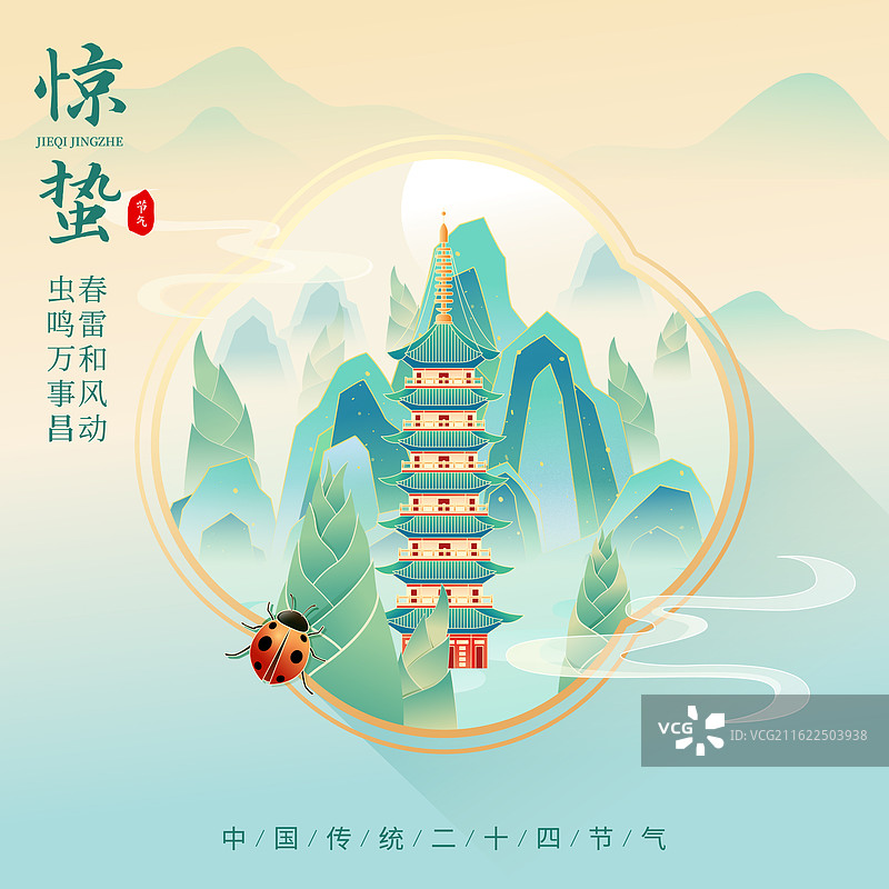 国风节气惊蛰温州城市建筑矢量插画海报图片素材