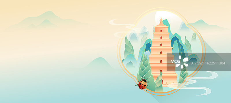 国风节气惊蛰西安城市建筑矢量插画图片素材