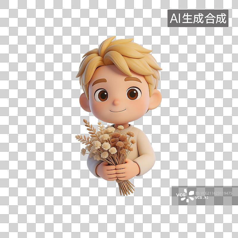 【AI数字艺术】[免抠PNG素材]3D金发男孩手持干花束图片素材