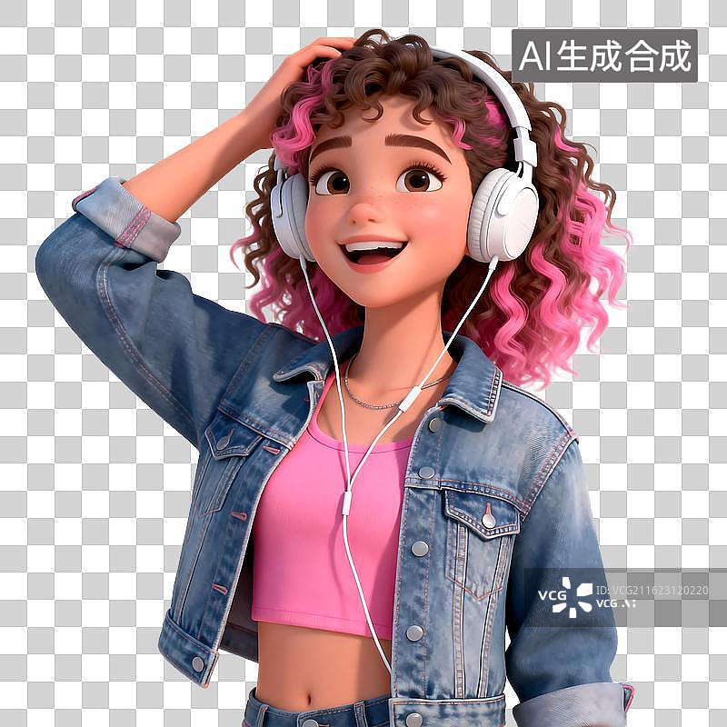 【AI数字艺术】[免抠PNG素材]时尚卷发女孩戴耳机肖像图片素材