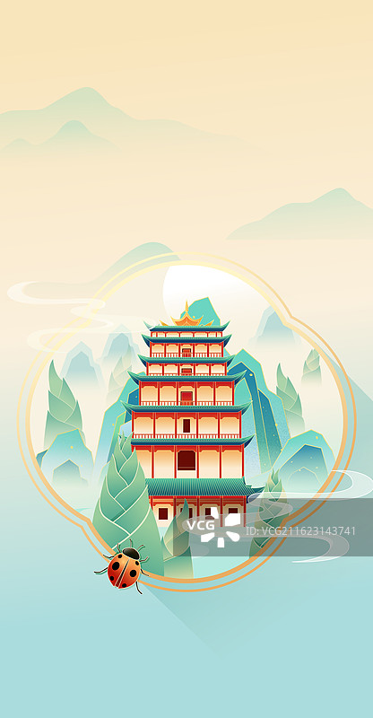 国风节气惊蛰敦煌城市建筑矢量插画图片素材