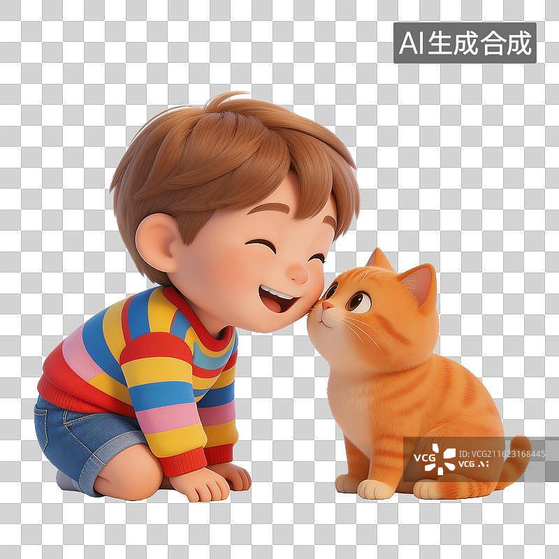【AI数字艺术】[免抠PNG素材]男孩与橘猫的温馨互动图片素材