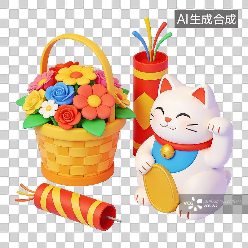【AI数字艺术】礼花花篮招财猫节日插画图片素材