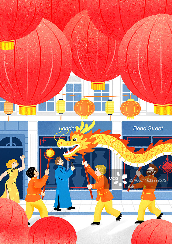 红灯笼舞龙中国春节图片素材