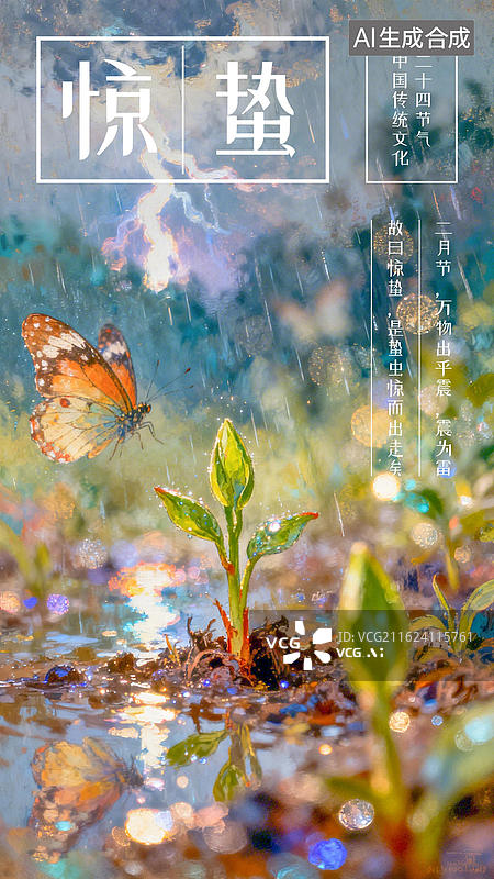 【AI数字艺术】惊蛰24节气春天海报设计模板插画背景 小草树苗植物发芽蝴蝶飞舞 天空乌云雷阵雨闪电天气 潮流彩色油画图片素材