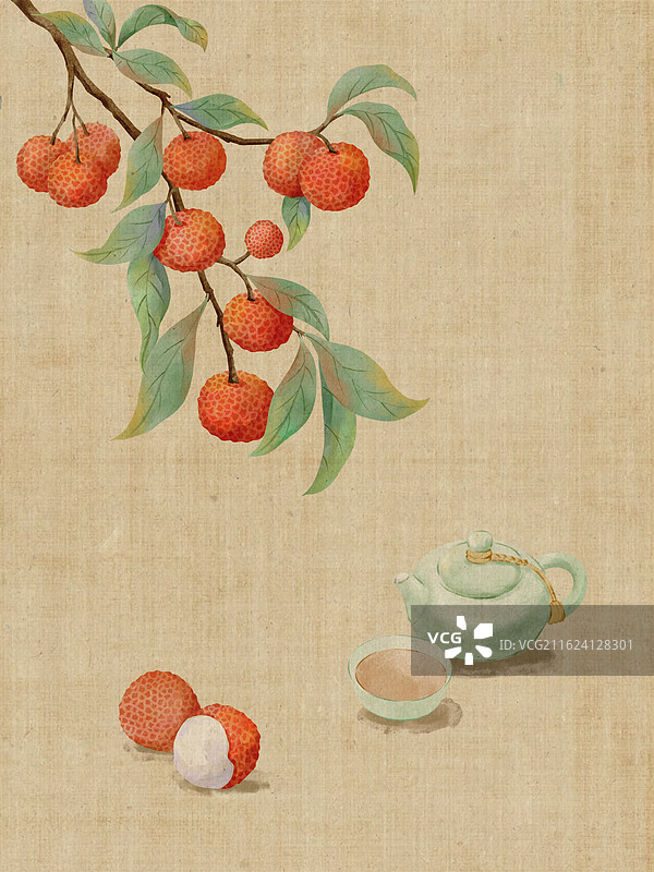 水彩古风荔枝小景图片素材