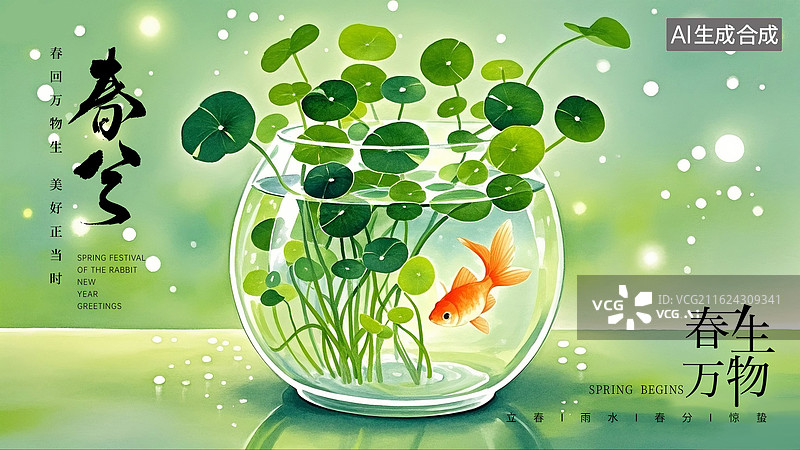 【AI数字艺术】手绘肌理二十四节气系列插画海报模版-春天    鱼缸里的铜钱草和金鱼 横版图片素材