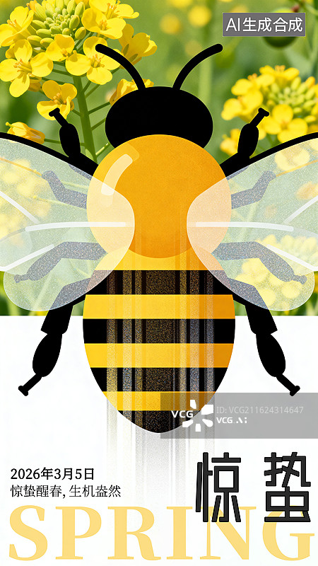 【AI数字艺术】惊蛰节气时尚插画蜜蜂海报模板图片素材