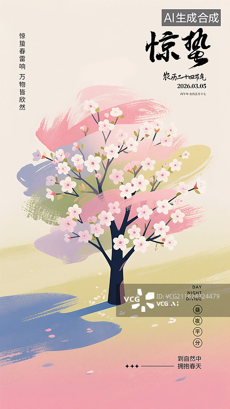 【AI数字艺术】春风中的樱花树，樱花盛开 燕子停留在树枝上，小清新治愈系风景 春天的节气海报 竖版图片素材