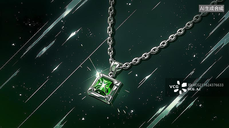 【AI数字艺术】高级感祖母绿银项链珠宝设计素材插画背景图片素材