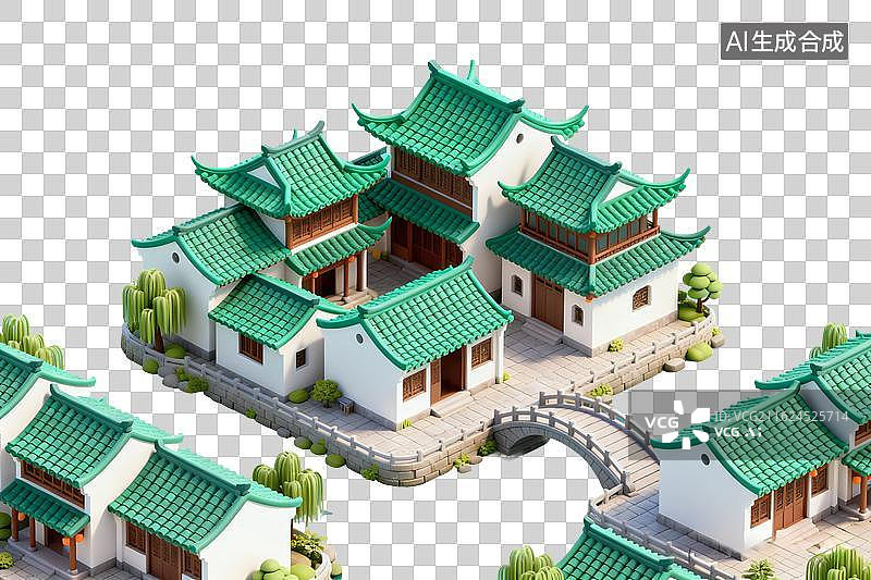 【AI数字艺术】卡通风格，江南水乡建筑PNG格式的免扣元素图片素材