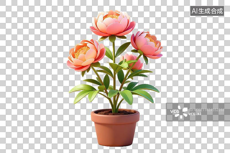 【AI数字艺术】卡通风格，一盆鲜花，芍药PNG格式的免扣元素图片素材