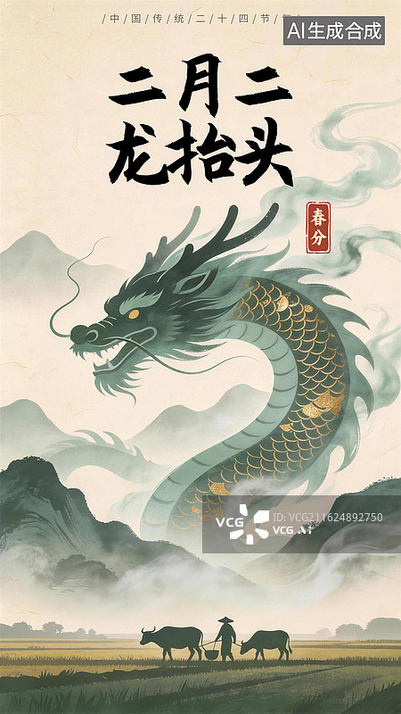 【AI数字艺术】水彩水墨国风二十四节气春分龙抬头插画海报模板设计图片素材