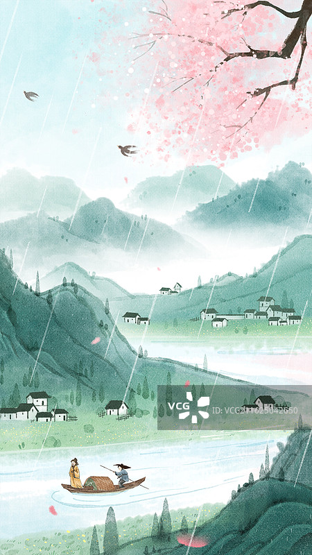 手绘水彩古风雨水乡村田地风景治愈系竖图插画图片素材