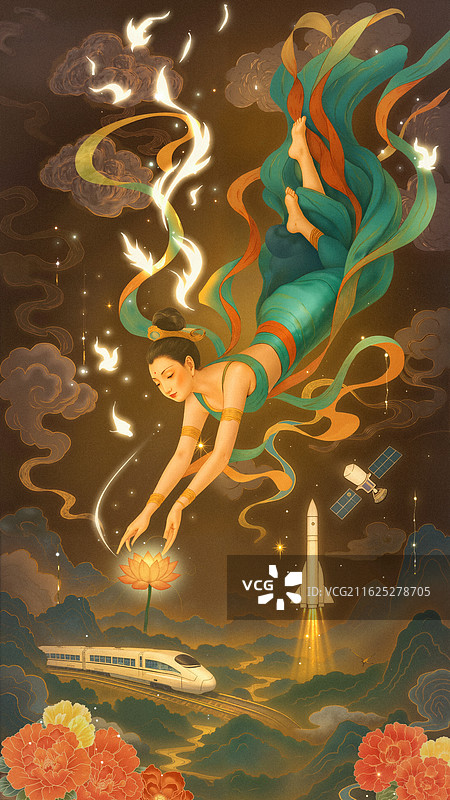 中国风飞天与现代结合创意插画图片素材