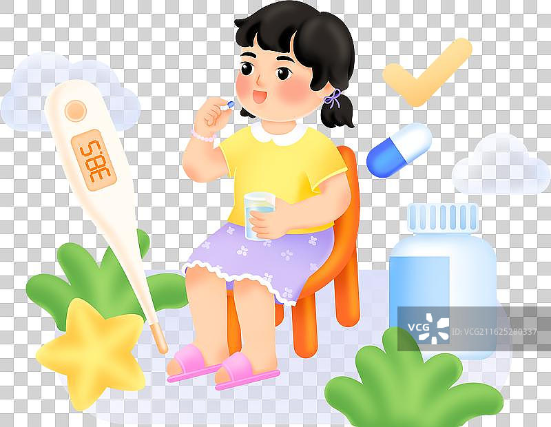 女孩吃药温度计药瓶绿叶星星清新渐变插画图片素材