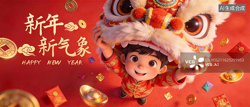 【AI数字艺术】3D渲染风新年舞狮福娃插画图片素材