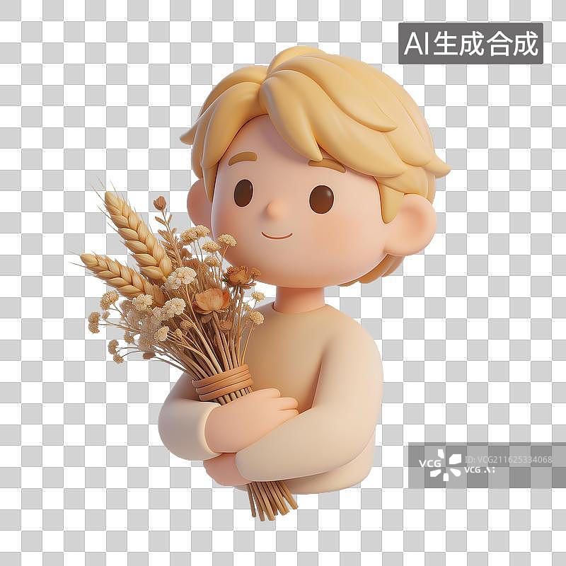 【AI数字艺术】[免抠PNG素材]可爱金发男孩手持麦穗花束图片素材