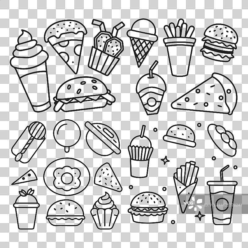 快餐和饮料的涂鸦轮廓图标图片素材