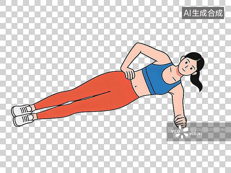 【AI数字艺术】扁平女子做侧平板支撑动作插画图片素材