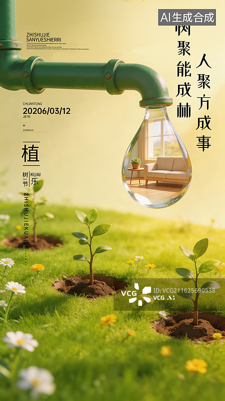 【AI数字艺术】2026植树节海报 地球一小时 保护环境低碳生活插图 绿色森林 植树造林 人与自然新能源环保 竖版图片素材