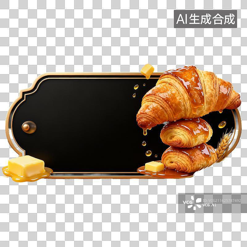 【AI数字艺术】金黄牛角面包淋焦糖配黄油图片素材